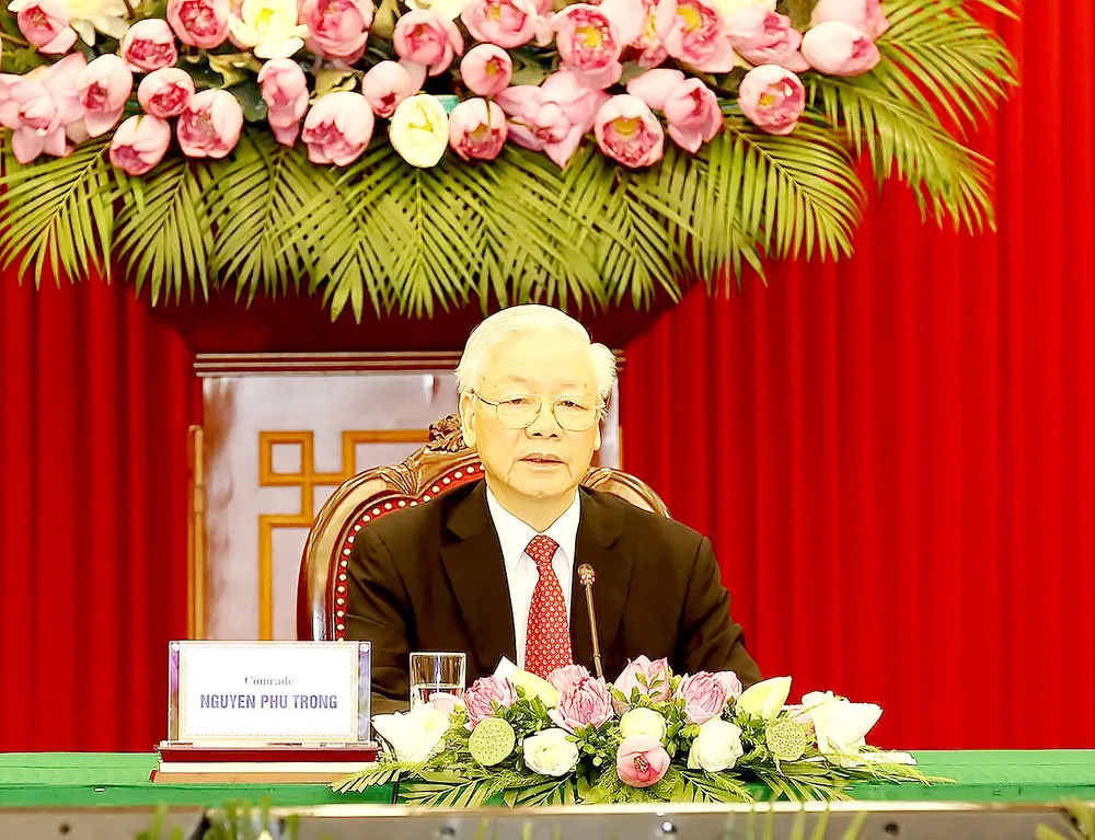 Tổng Bí thư Nguyễn Phú Trọng phát biểu tại Hội nghị thượng đỉnh  giữa Đảng Cộng sản Trung Quốc với các chính đảng trên thế giới. Ảnh: TTXVN