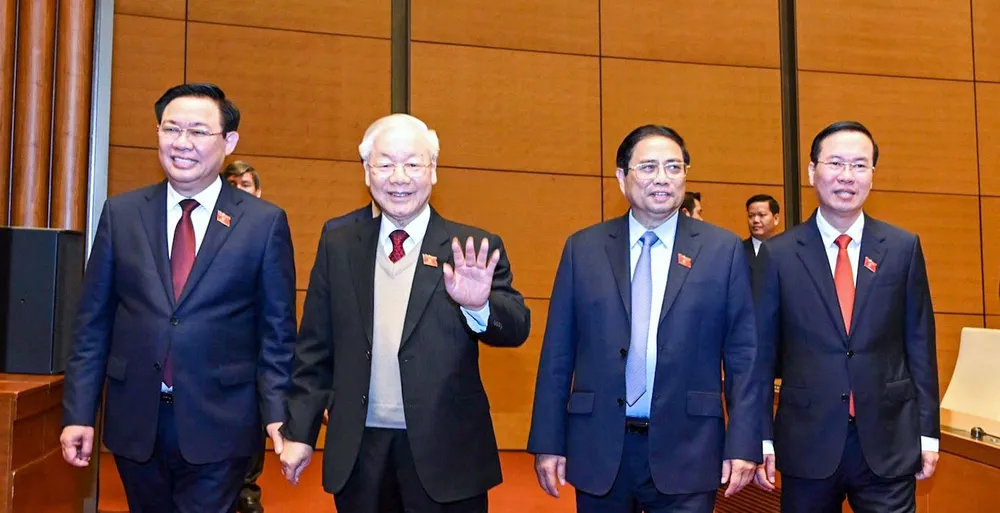 Tổng Bí thư Nguyễn Phú Trọng, Chủ tịch nước Võ Văn Thưởng, Thủ tướng Phạm Minh Chính, Chủ tịch Quốc hội Vương Đình Huệ dự kỳ họp bất thường lần thứ tư Quốc hội khóa XV, sáng 2-3-2023