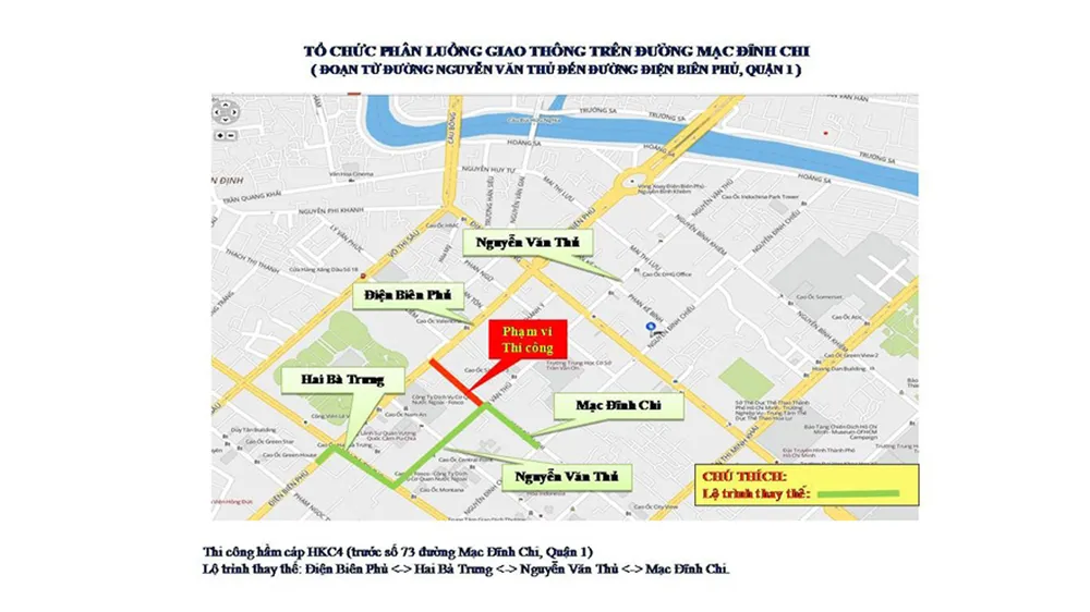 Sơ đồ tổ chức phân luồng giao thông đường Nguyễn Văn Thủ để thi công cáp ngầm
