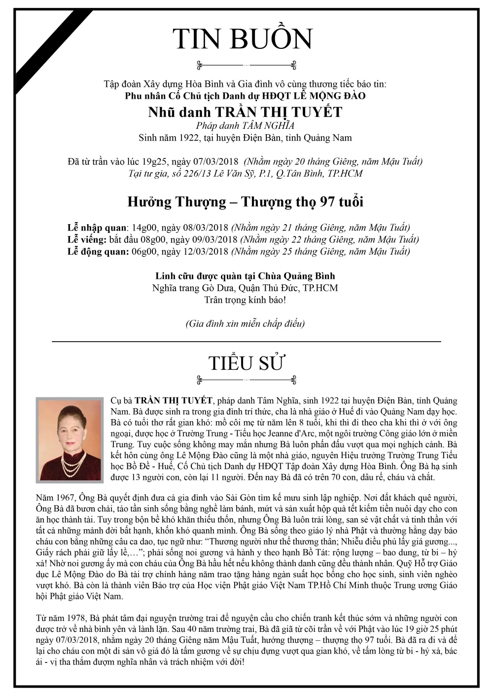 Tin buồn: Cụ bà Trần Thị Tuyết ảnh 1