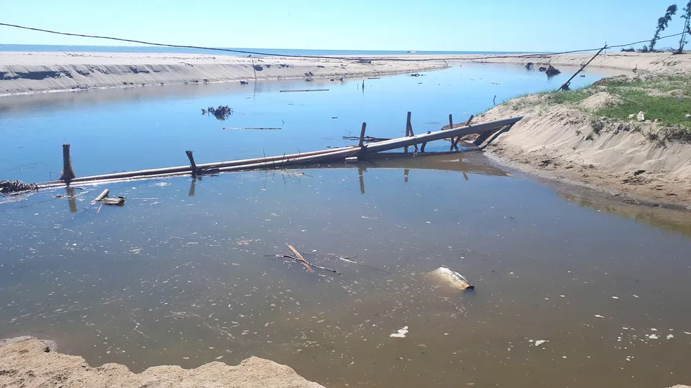 Nước thải từ hồ nuôi tôm được đổ ra lạch rồi chảy thẳng ra biển bốc mùi hôi thối