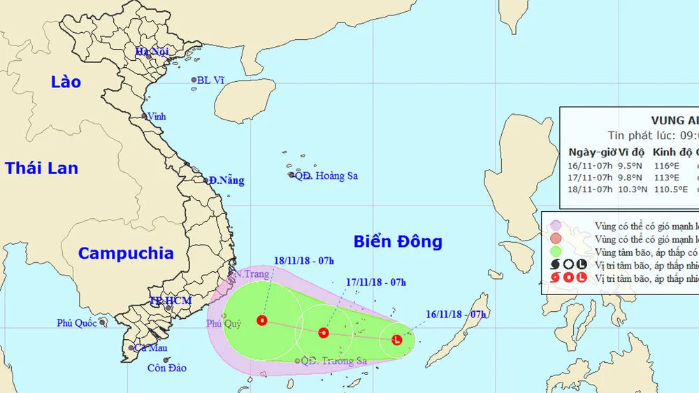 Vị trí và đường đi của vùng áp thấp. Ảnh: TTDBKTTVTW