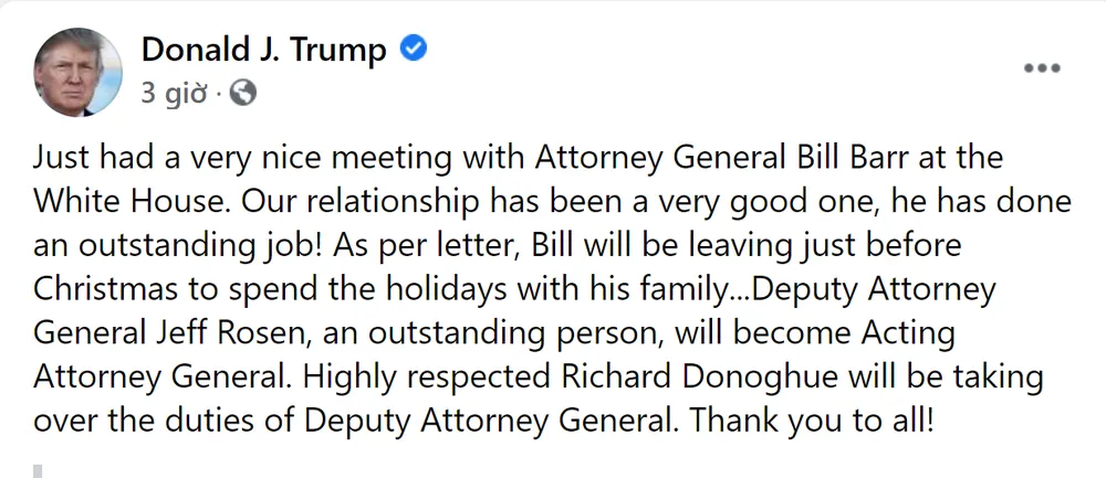 Bộ trưởng Tư pháp Mỹ William Barr từ chức ảnh 1