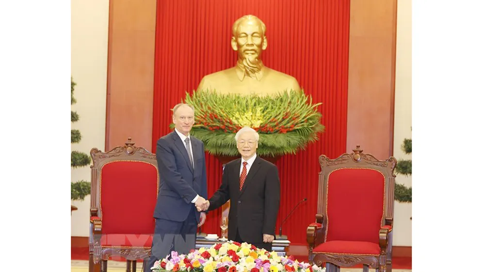 Tổng Bí thư, Chủ tịch nước Nguyễn Phú Trọng tiếp Đại tướng Nikolai Patrushev, Thư ký Hội đồng An ninh Liên bang Nga. Ảnh: TTXVN