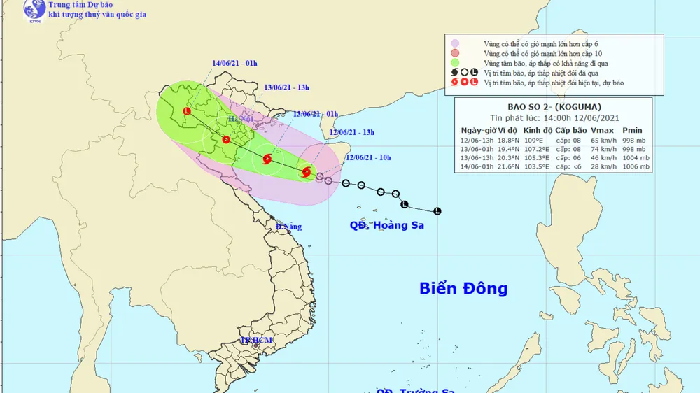 Vị trí và đường đi của bão số 2. Ảnh: TTDBKTTVTW