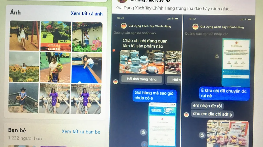 Khách hàng bị hại đã chỉ đích danh các fanpage,  chủ tài khoản lừa đảo trên Facebook cá nhân. Ảnh: TRUNG NGUYÊN