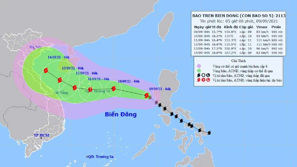 Vị trí và đường đi của bão Conson. Ảnh: TTDBKTTVTƯ