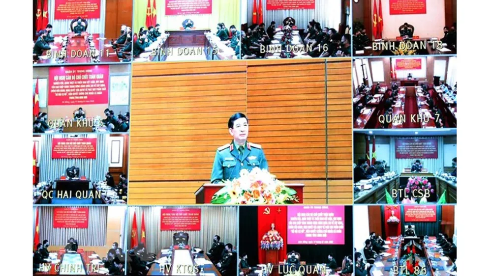 Các điểm cầu trong toàn quân dự hội nghị. Ảnh:  TTXVN)