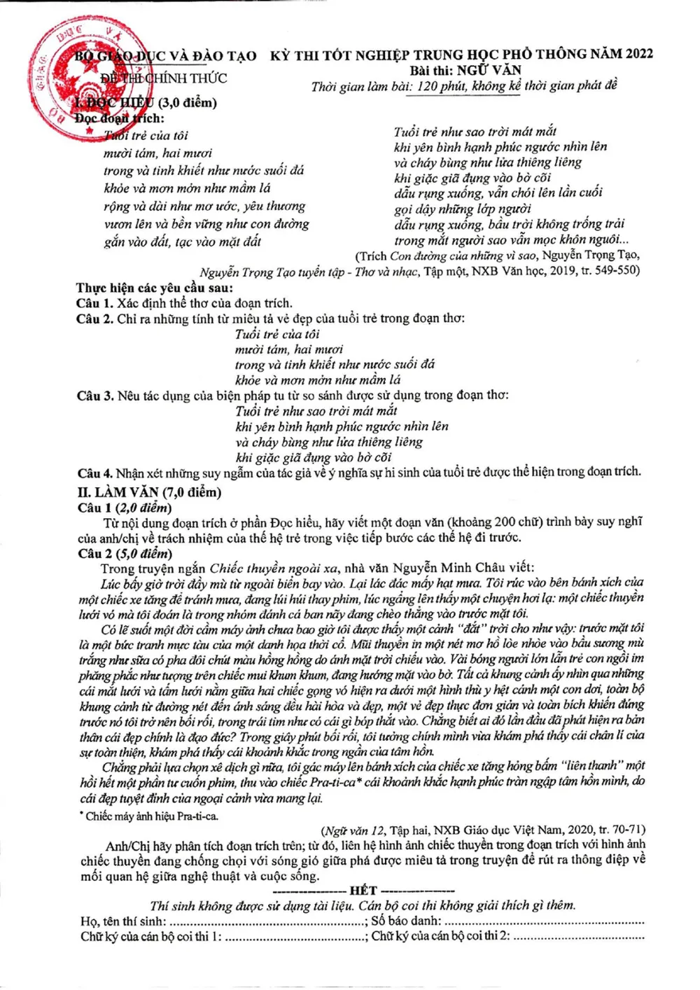 Bộ GD-ĐT công bố đáp án, thang điểm môn Văn tốt nghiệp THPT ảnh 1