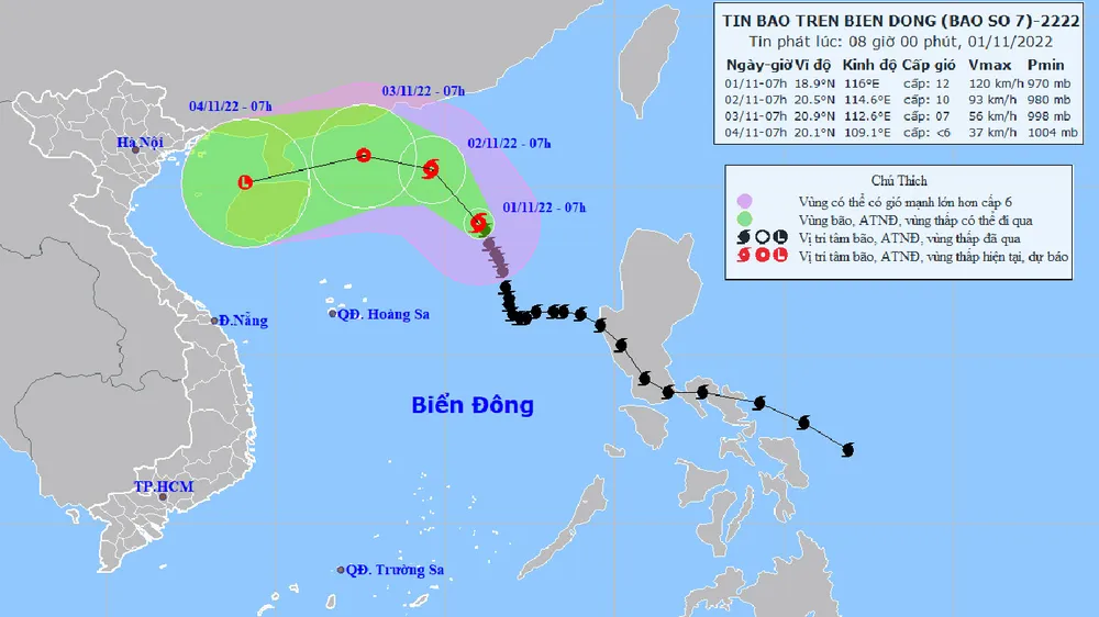 Vị trí và đường đi của bão số 7. Ảnh: TTDBKTTVTW