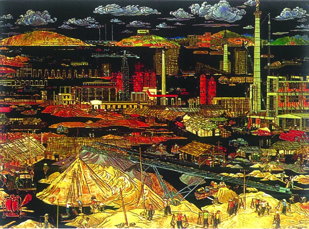 Tác phẩm "Khu gang thép Thái Nguyên", sơn khắc của họa sĩ Bùi Trang Chước. Ảnh: BTC 