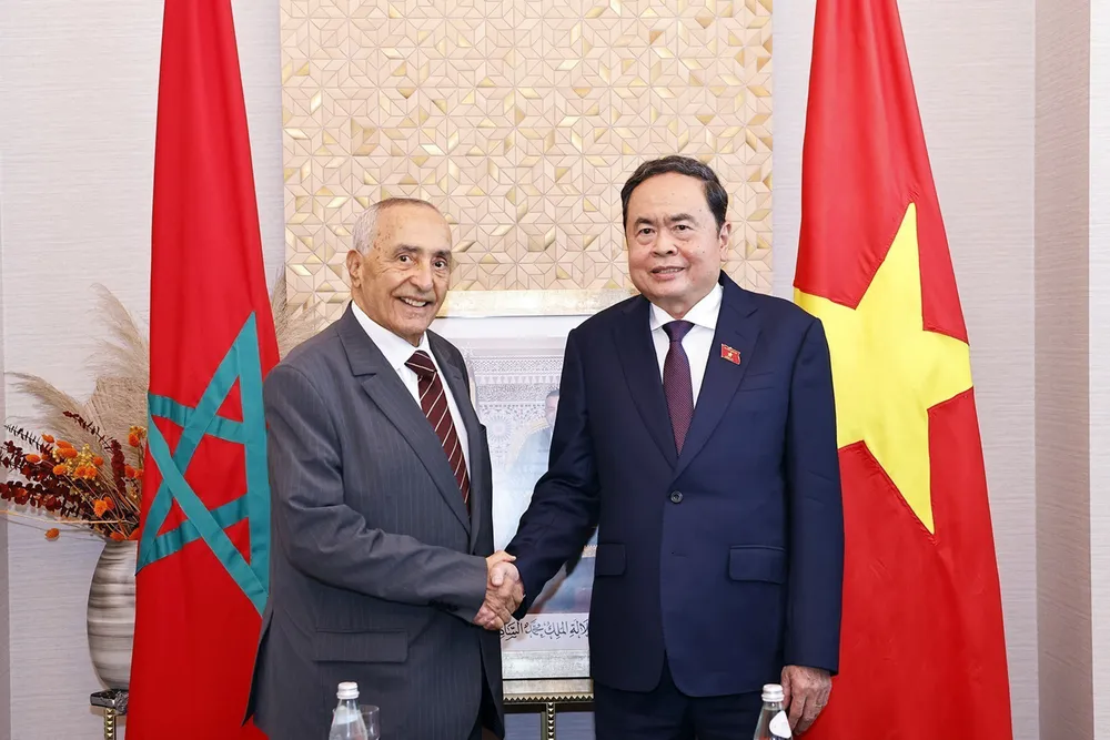 Chủ tịch Quốc hội Trần Thanh Mẫn tiếp ông Mustapha El Ktiri, Chủ tịch Hội Hữu nghị Morocco - Việt Nam. Ảnh: TTXVN