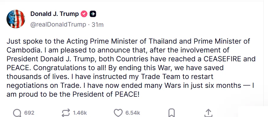 Bài viết của Tổng thống Mỹ Donald Trump trên mạng xã hội Truth Social. Ảnh chụp màn hình