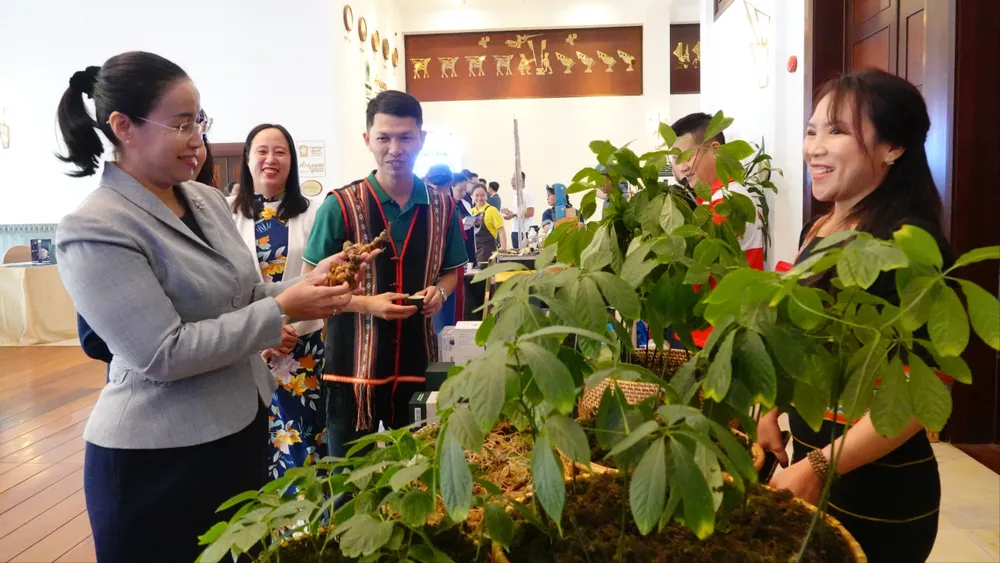 Bà Nguyễn Thị Anh Thi tham quan các gian hàng triển lãm tại hội thảo. Ảnh: XUÂN QUỲNH