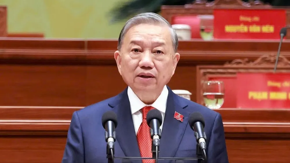 Tổng Bí thư Tô Lâm phát biểu tại lễ bế mạc Đại hội lần thứ XIV. Ảnh: TTXVN