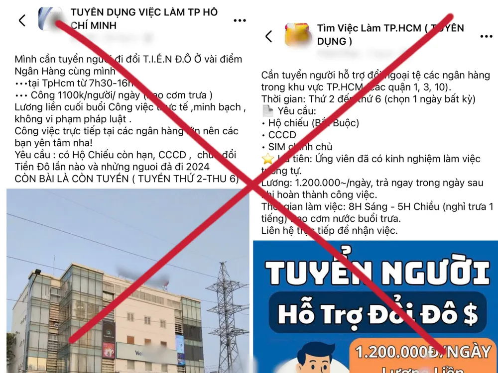 Hàng loạt các bài đăng tuyển dụng người đứng tên đổi tiền Việt sang USD, mỗi ngày nhận công hơn 1 triệu đồng. Ảnh: B.A