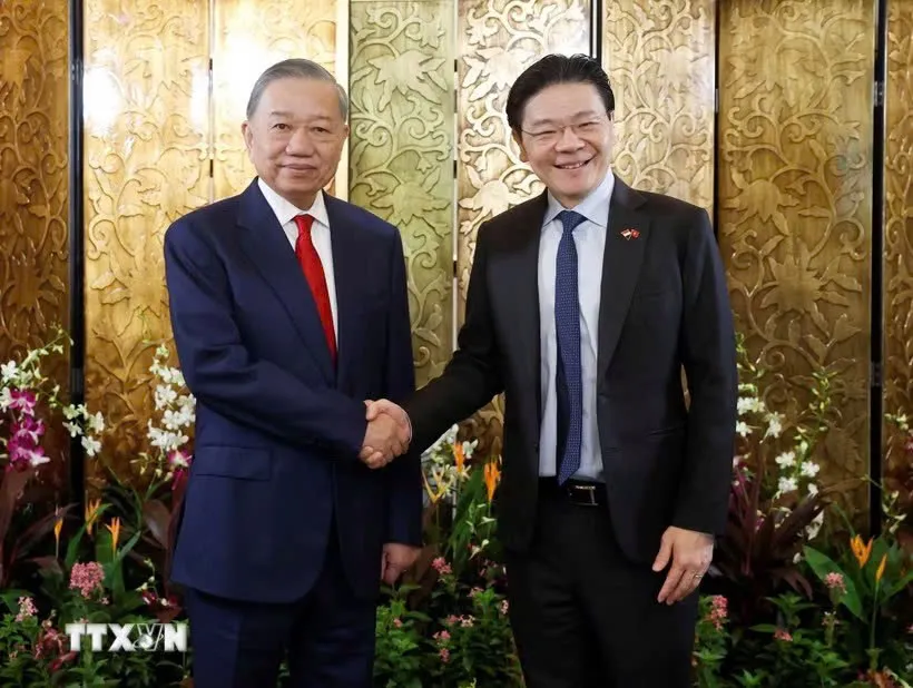 Tổng Bí thư, Chủ tịch nước Tô Lâm và Thủ tướng Singapore Lawrence Wong. Ảnh: TTXVN 