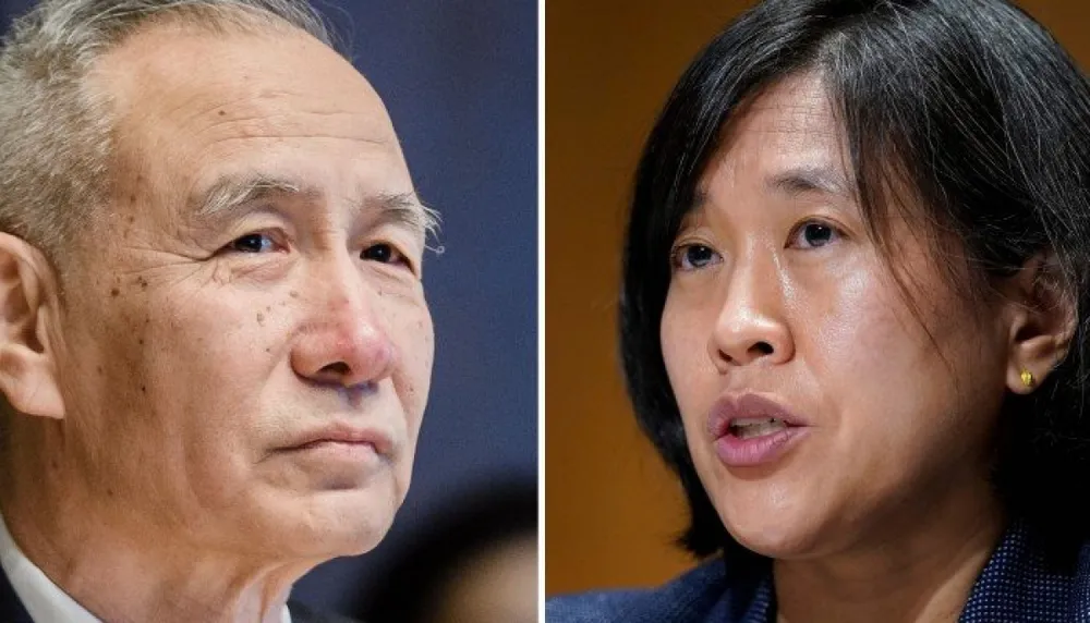 Phó Thủ tướng Trung Quốc Lưu Hạc (trái) và Đại diện thương mại Mỹ Katherine Tai. Ảnh: SCMP