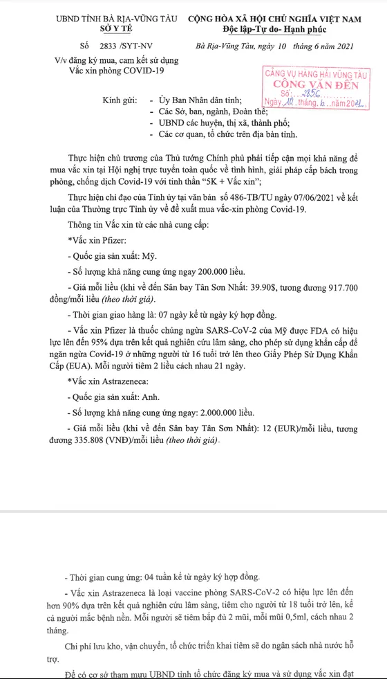 Bà Rịa - Vũng Tàu thu hồi văn bản đăng ký mua 2,2 triệu liều vaccine Covid-19 ảnh 1