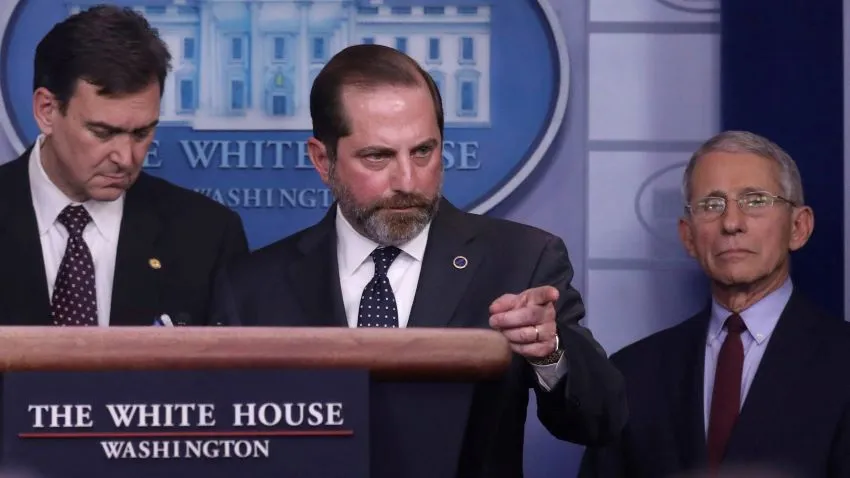 U.S.Secretary of Health and Human Services Secretary Alex Azar takes questions from reporters at the White House after declaring a public health emergency over the coronavirus on Jan. 31. © Reuters