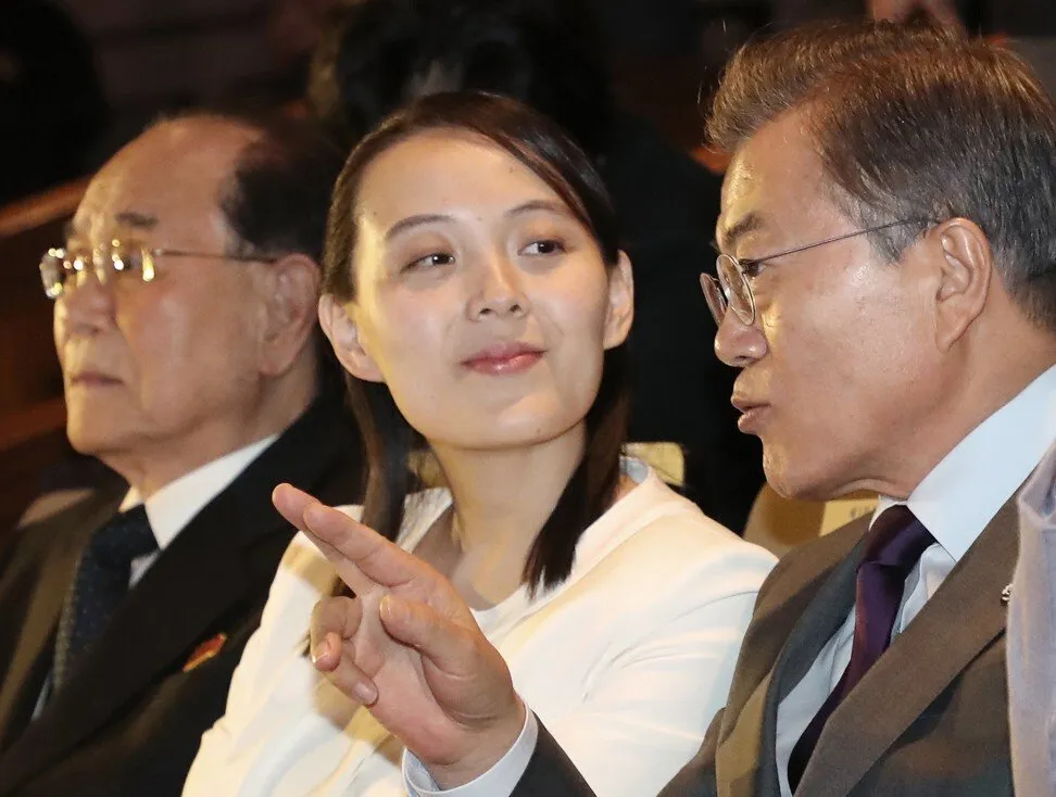 Kim Yo-jong speaks to South Korean President Moon Jae-in during a performance at the National Theatre in Seoul in February 2018. Photo: AP