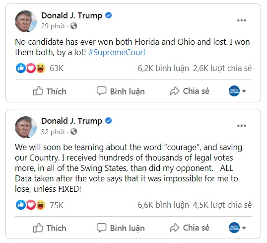 Các bài đăng Facebook hôm 9/12/2020 của TT Trump. (Ảnh chụp màn hình)