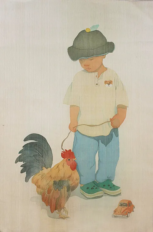 "Em Be Va Con Ga" (The Boy and The Cock) by Quang Dang Nguyen, watercolor on silk. Em Be Va Con Ga (The Boy and The Cock) by Quang Dang Nguyen, watercolor on silk.