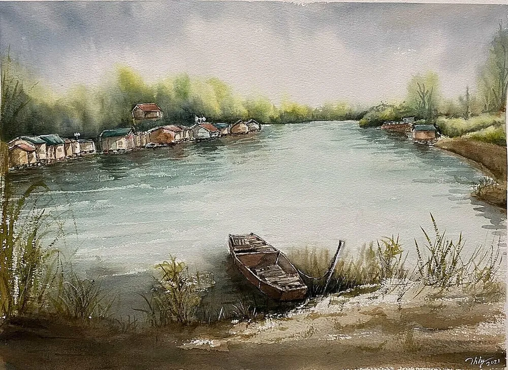 "Xom Phao Giua Bai Song" (Village On The River), a watercolor on paper workby Tran Hai Ly. Xom Phao Giua Bai Song (Village On The River). watercolor on paper by Tran Hai Ly.