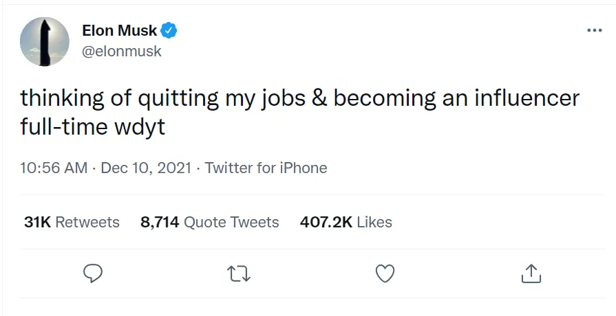 Đăng tải "c&acirc;n nhắc nghỉ việc" của &ocirc;ng Musk thu h&uacute;t hơn 407.000 lượt th&iacute;ch v&agrave; 31.000 lượt chia sẻ - Ảnh chụp m&agrave;n h&igrave;nh