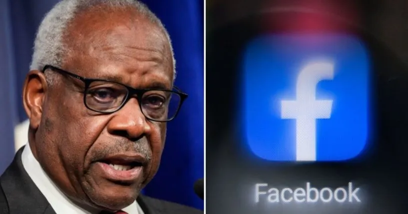 Thẩm phán Tòa án Tối cao Clarence Thomas phát biểu tại The Heritage Foundation vào ngày 21/10/2021, ở Washington, DC và Logo Facebook trên màn hình điện thoại di động ở Moscow vào ngày 19/11/2021. (Drew Angerer / Getty Images; Kirill Kudryavtsev - AFP / N