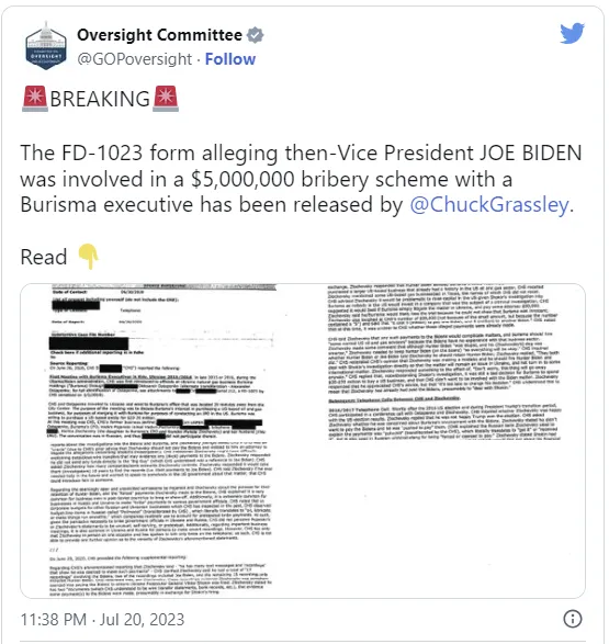 Mẫu FD-1023 với cáo buộc ông Joe Biden liên quan vụ hối lộ 5 triệu USD đã được phát hành công khai.