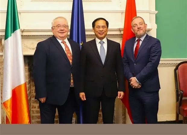 Vietnamese Minister of Foreign Affairs Bui Thanh Son and Cathaoirleach of Seanad Éireann (speaker of the upper house) Jerry Buttimer, and Ceann Comhairle of Dáil Éireann (speaker of the lower house) Seán Ó Fearghaíl. (Photo: VNA)