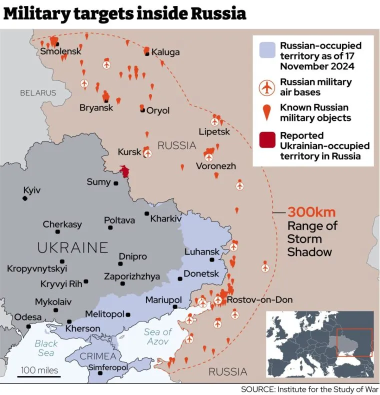 Các tài sản quân sự của Nga gần biên giới Ukraine nằm trong tầm tấn công của tên lửa Anh và Mỹ cung cấp cho Kyiv