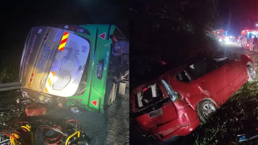 Vụ tai nạn chết người liên quan đến một xe buýt chở sinh viên của Đại học Sư phạm Sultan Idris và một xe đa dụng Perodua Alza. (Ảnh: JBPM Perak)