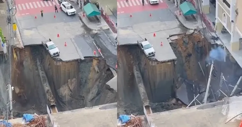 Ảnh chụp từ video cho thấy hố sụt xuất hiện ở Bangkok vào thứ năm (ngày 24-9). ẢNH: Facebook