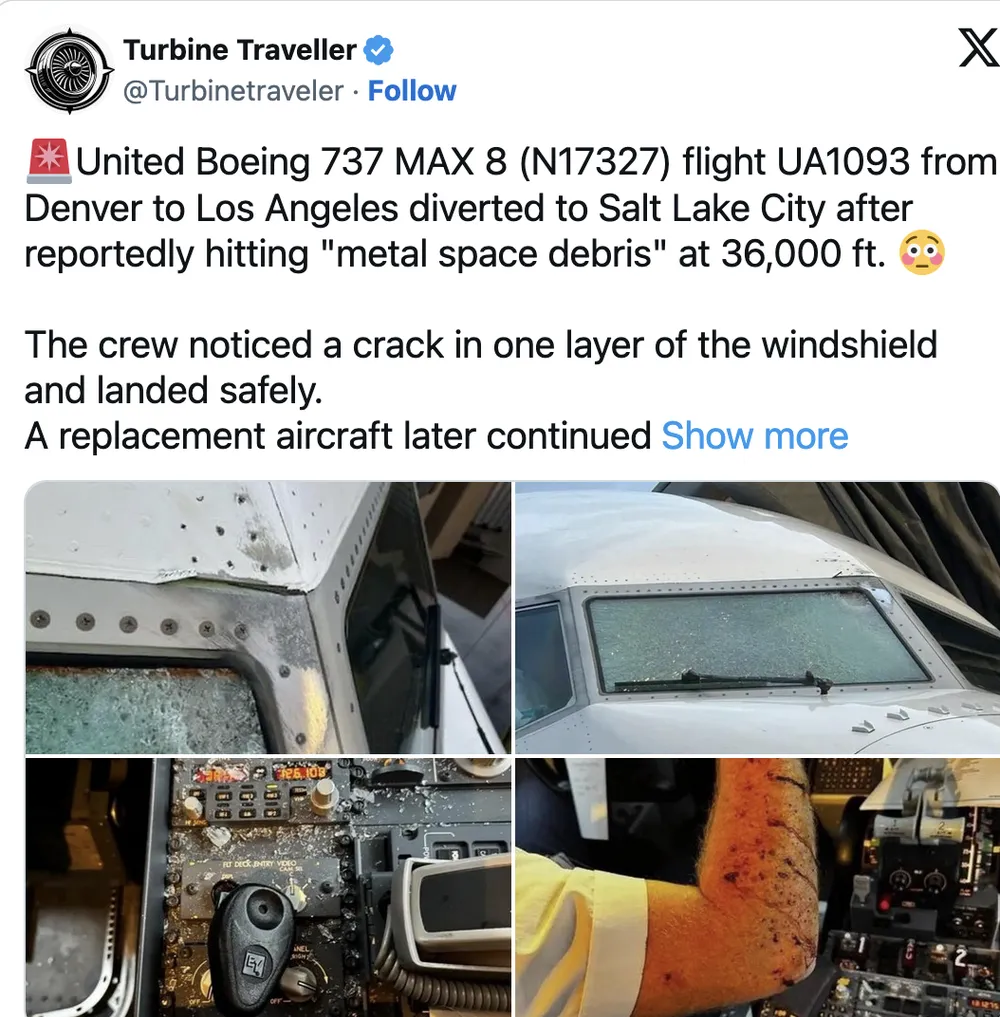 Theo AvBrief.com, cơ trưởng cho biết máy bay đã bị “mảnh vỡ không gian” va trúng.