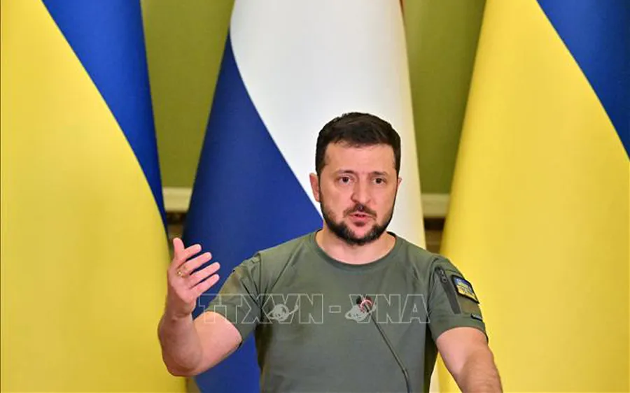 Tổng thống Ukraine Volodymyr Zelensky tại một cuộc họp báo ở thủ đô Kiev. Ảnh: TTXVN
