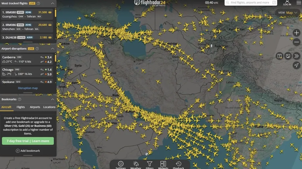 Iran đã tạm thời đóng cửa không phận đối với tất cả các chuyến bay vào lúc 17 giờ 15 phút ngày 14/1 theo giờ bờ Đông Mỹ (5 giờ 15 phút ngày 15/1 theo giờ Việt Nam). Ngoại lệ duy nhất là các chuyến bay quốc tế được cấp phép chính thức ra vào Iran. Ảnh minh họa: X@ Flightradar24