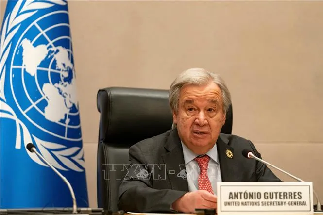 Tổng Thư ký LHQ Antonio Guterres phát biểu với báo giới bên lề Hội nghị thượng đỉnh Liên minh châu Phi (AU) ở Addis Ababa, Ethiopia, ngày 14/2/2026. Ảnh: THX/TTXVN