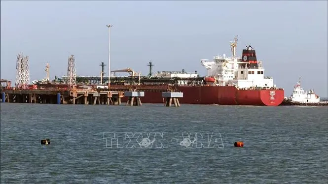 Tàu chở dầu khí tự nhiên hóa lỏng di chuyển qua eo biển Hormuz về tới cảng Mundra ở Kutch, Ấn Độ ngày 16-3. Ảnh: ANI/TTXVN