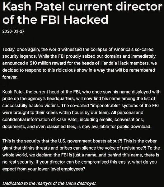 Nhóm hacker Handala thông báo về vụ hack hộp thư điện tử của Giám đốc FBI Patel. Nguồn: BleepingComputer