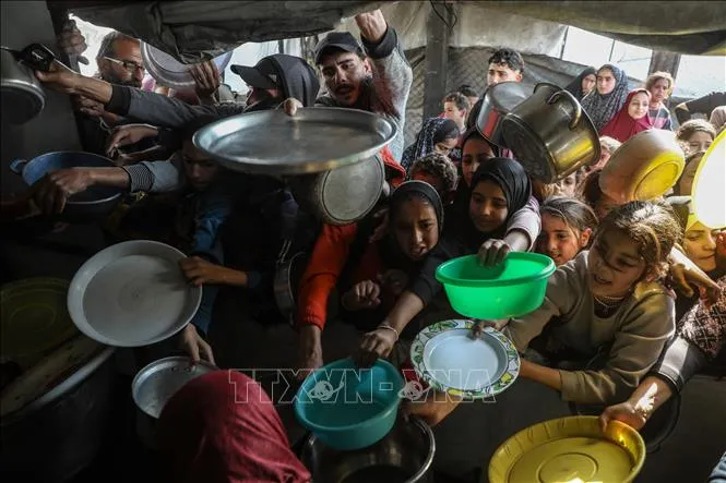 Người dân chờ được phát thực phẩm cứu trợ tại Beit Lahia, Dải Gaza. Ảnh: THX/TTXVN