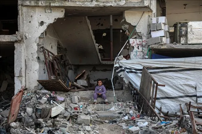 Tòa nhà bị phá hủy do xung đột tại Dải Gaza. Ảnh: THX/TTXVN