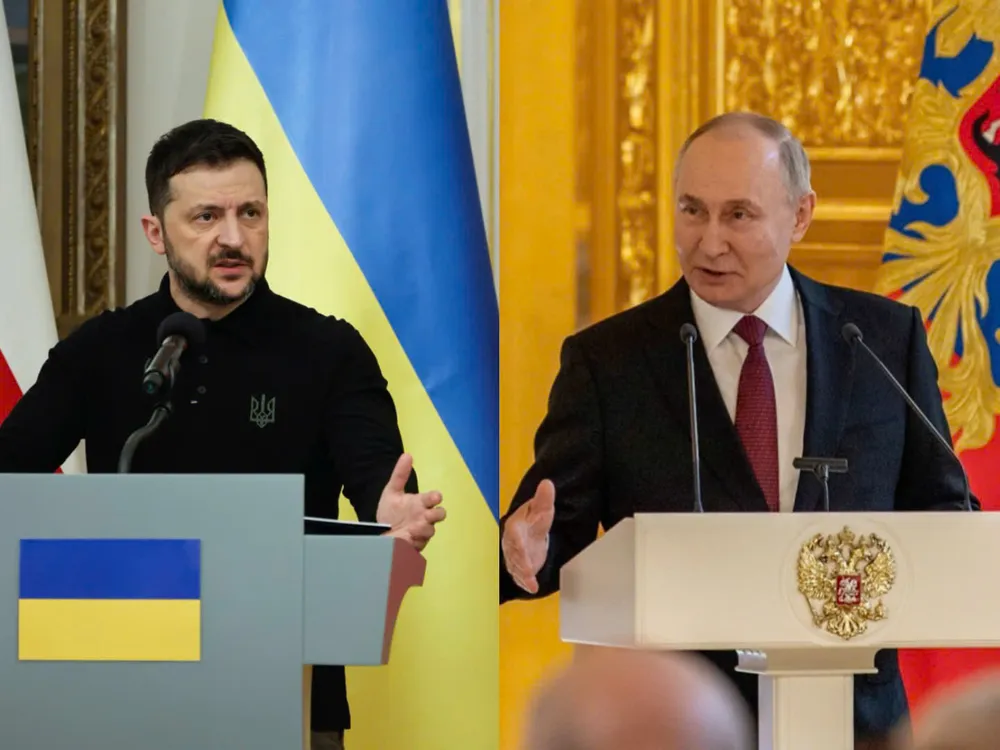 Tổng thống Ukraine Volodymyr Zelensky - bên trái - và Tổng thống Liên bang Nga Vladimir Putin. Ảnh: PAP-THX/TTXVN