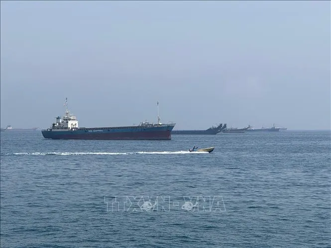 Tàu thương mại chờ đi qua eo biển Hormuz. Ảnh: THX/TTXVN phát