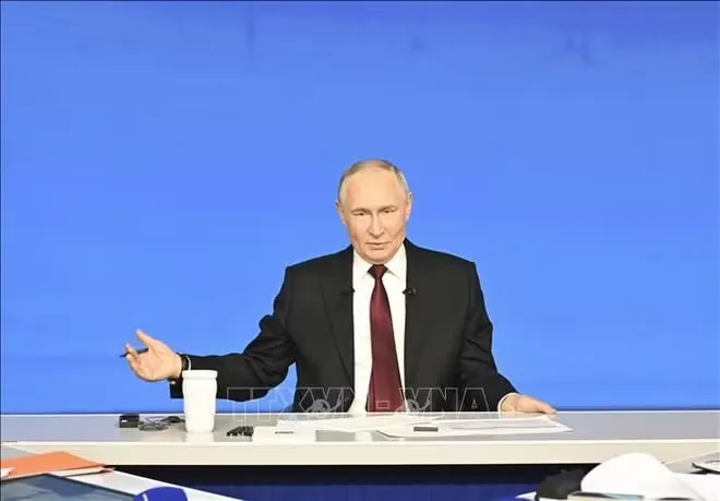 Tổng thống Nga Vladimir Putin phát biểu tại cuộc họp báo ở Moskva. Ảnh: THX/TTXVN
