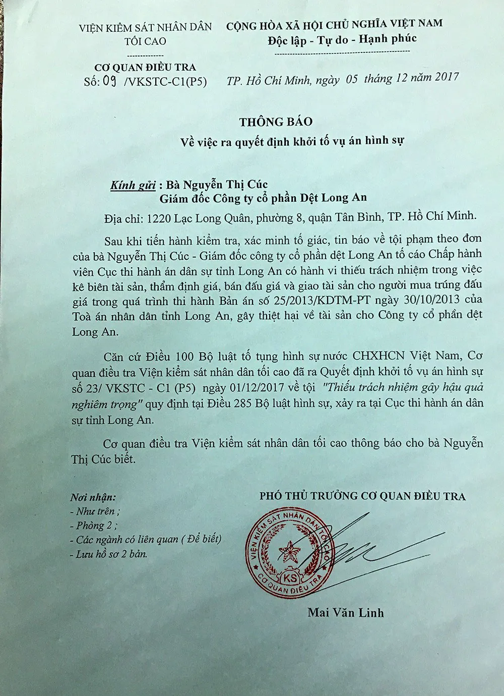 Khởi tố vụ sai phạm trong thi hành án tại Dệt Long An ảnh 1