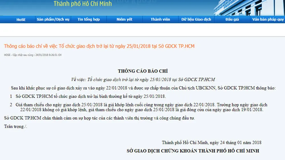 Hôm nay 25-1, HoSE tổ chức giao dịch trở lại 