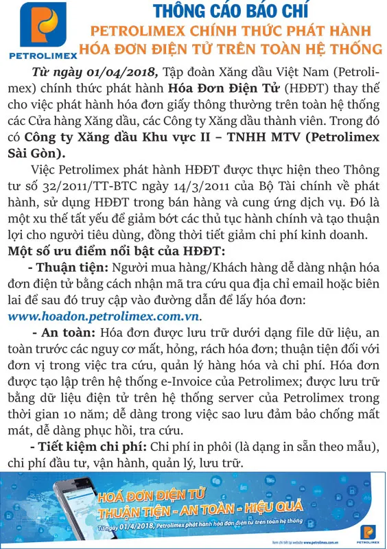 Petrolimex chính thức phát hành hóa đơn điện tử trên toàn hệ thống