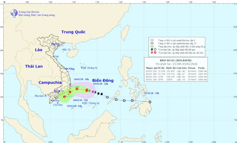 Dự kiến đường đi của bão số 1. Ảnh:  Trung tâm Dự báo khí tượng - thủy văn Trung ương